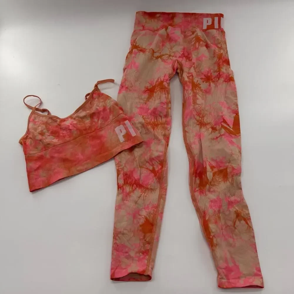Victoria’s Secret PINK Active Set Orange Tie Dye Seamless Leggings Sports Bra - Picture 3 of 13